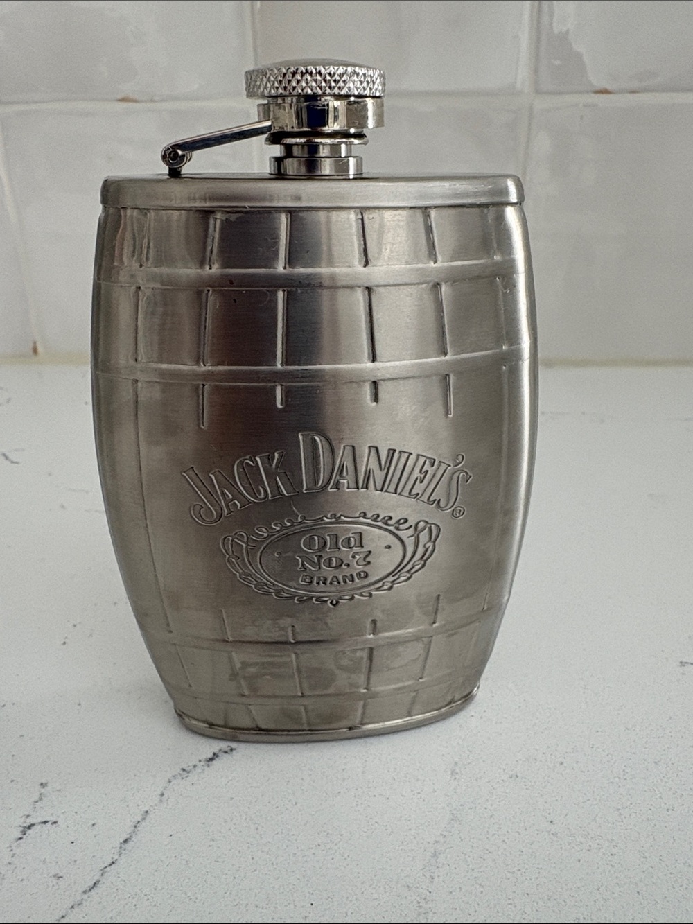 Jack Daniels Silver Barrel-Shaped Flask